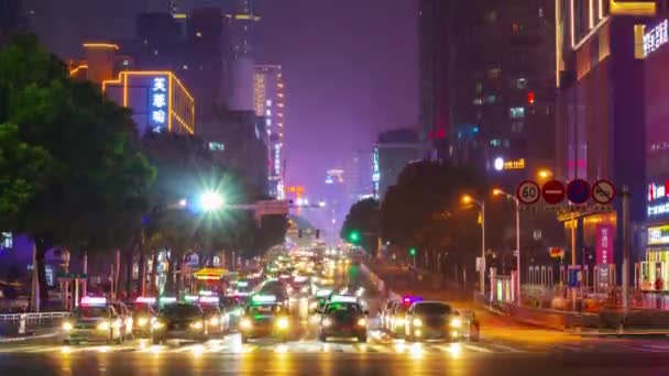Éclairage Nocturne Changsha Centre Ville Circulation Rue Carrefour Aérien Timelapse — Video