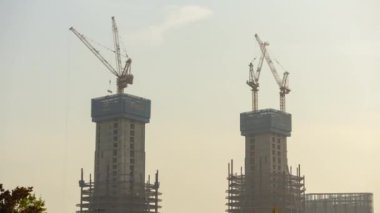 HANGZHOU, ÇİN - 15 EKİM 2019: GÜN Hangzhou şehri gökdeleni mega inşaat hızlandırılmış panorama 4k