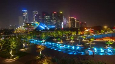 Gece vakti aydınlık Hangzhou şehir merkezi havacılık panoraması 4k porselen