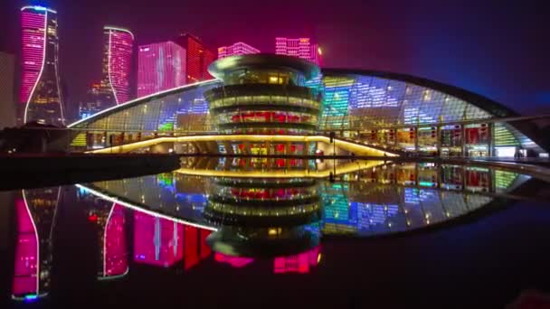 Noite Tempo Iluminado Hangzhou Cidade Centro Aéreo Panorama China — Vídeo de Stock