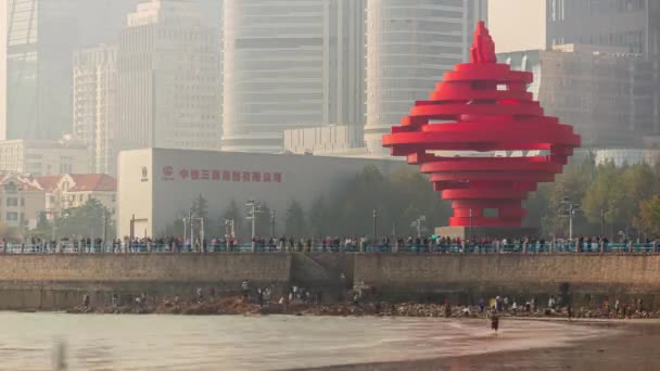 Dagtid Qingdao Bay Centrum Antenn Panorama Timelapse Porslin — Stockvideo