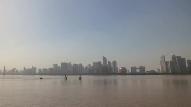 Giorno Tempo Hangzhou Città Riverside Baia Cantiere Aereo Panorama Timelapse — Video Stock