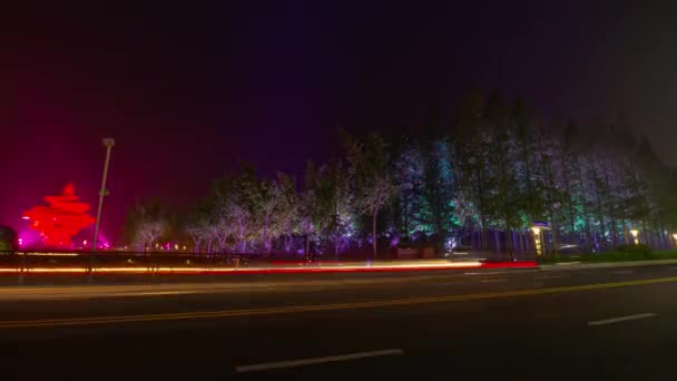 Noite Tempo Iluminação Qingdao Cidade Tráfego Aéreo Timelapse Panorama China — Vídeo de Stock