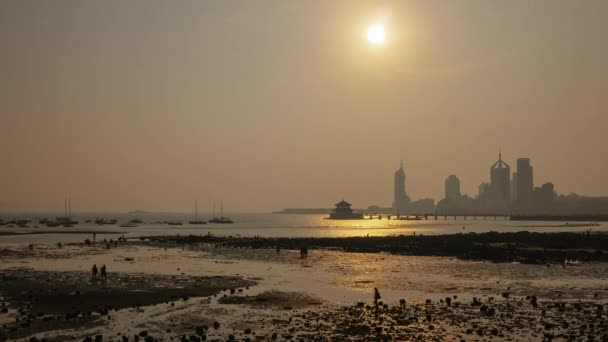 Ora Legale Qingdao Bay Downtown Panorama Aereo Timelapse China — Video Stock