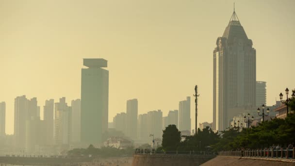 Dag Qingdao Stad Centrum Luchtfoto Panorama Timelapse China — Stockvideo