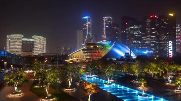 Noite Tempo Iluminado Hangzhou Cidade Centro Aéreo Panorama China — Vídeo de Stock