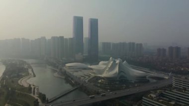Gün batımı Changsha şehri nehir kenarı havacılık panoraması 4k porselen