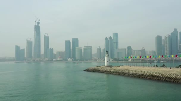 Giornata Sole Qingdao Città Famosa Centro Olimpico Baia Faro Panoramica — Video Stock