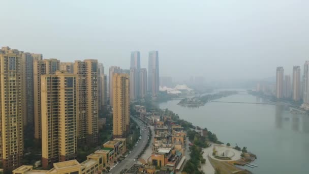 Solnedgång Tid Changsha Stad Flod Bay Antenn Panorama Porslin — Stockvideo