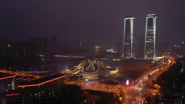 Nacht Tijd Changsha Centrum Verkeer Straat Kruising Antenne Panorama Porselein — Stockvideo