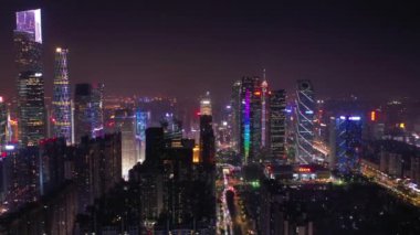 Gece vakti Guangzhou Endüstriyel Şehir Havası Panoraması. 4K Çin porseleni
