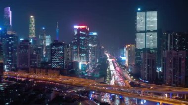 Gece vakti Guangzhou Endüstriyel Şehir Havası Panoraması. 4k zaman dilimi Çin porseleni
