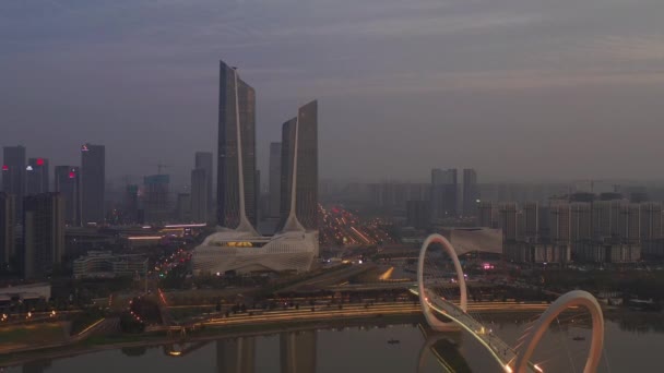 Abendflug Über Den Verkehr Der Stadt Nanjing Aus Der Luft — Stockvideo