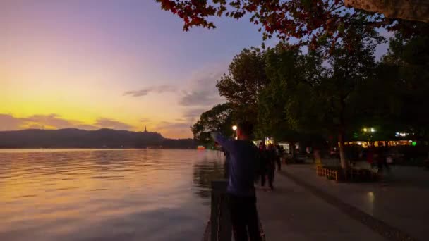 Den Čas Hangzhou Město Riverside Bay Letecké Panorama Timelapse Porcelán — Stock video