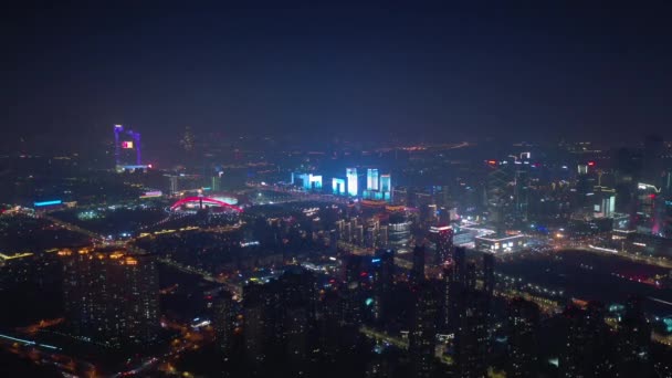 Voo Noturno Sobre Nanjing Cidade Tráfego Aéreo Panorama Imagens — Vídeo de Stock