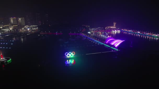 Ночное Время Освещения Qingdao Города Центре Города Воздушного Timelapse Панорама — стоковое видео