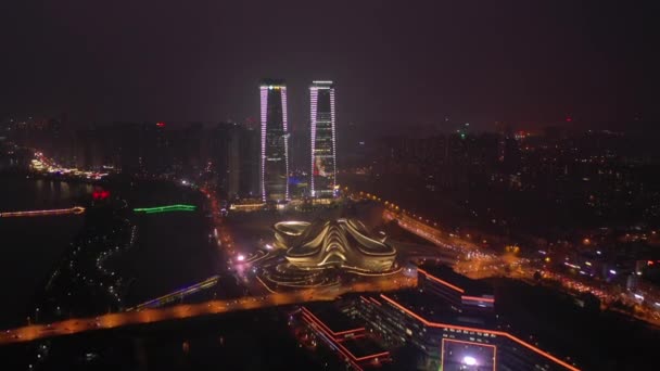 昌沙市晴れた夜有名なダウンタウンベイ空中タイムラプスパノラマ China — ストック動画