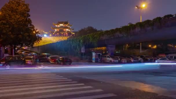 Ночная Подсветка Changsha Центре Города Трафика Улиц Перекрестка Воздушных Timelapse — стоковое видео