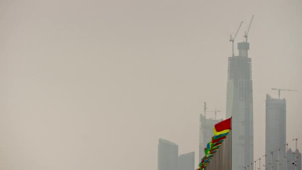 Tiempo Puesta Del Sol Qingdao Ciudad Rascacielos Centro Trabajo Construcción — Vídeos de Stock