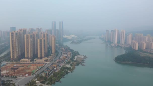 Sonnenuntergang Zeit Changsha Stadt Flussufer Bucht Antennenpanorama China — Stockvideo