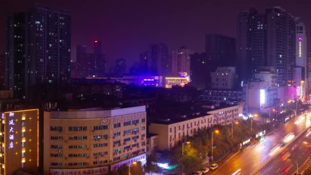 Natt Hangzhou Centrum Trafik Antenn Panorama Timelapse Porslin — Stockvideo