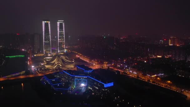Night Time Changsha City Famous International Culture Art Center River — Stok Video