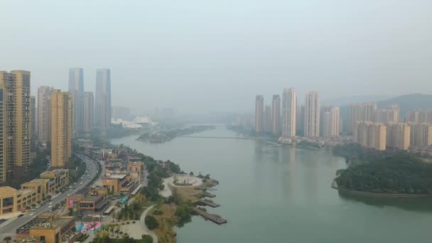 Zonsondergang Tijd Changsha Stad Rivier Baai Antenne Panorama Porselein — Stockvideo