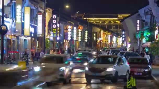 夜の時間杭州市中心部交通航空パノラマ4Kタイムラプス中国 — ストック動画