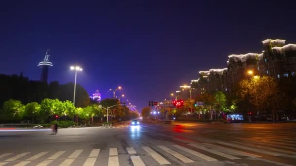 Night Time Flight Nanjing City Traffic Aerial Timelapse Panorama Footage — Stock Video