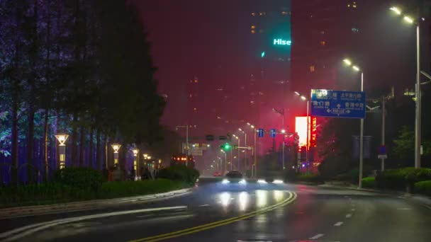Noche Iluminación Qingdao Ciudad Famosa Centro Tráfico Calle Cruce Caminos — Vídeos de Stock