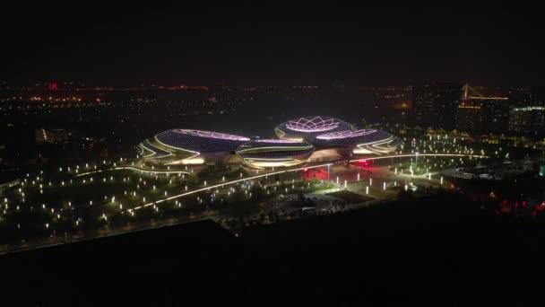 Noite Tempo Nanjing Cidade Grande Teatro Complexo Aéreo Panorama China — Vídeo de Stock