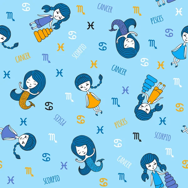 Cute seamless pattern with zodiac signs. — Stock Vector