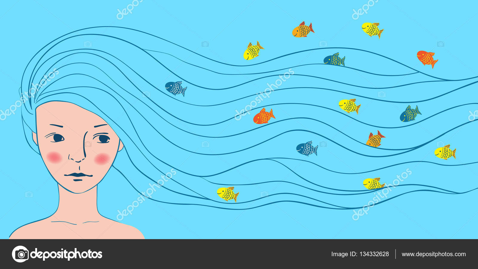 Illustrazione di vettore Bella ragazza con capelli lunghi I capelli sono e onde del mare Pesci colorati nel flusso di acqua — Vettoriali di EvgeniaVV
