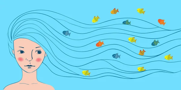 Cabello largo y peces de colores en las olas — Vector de stock