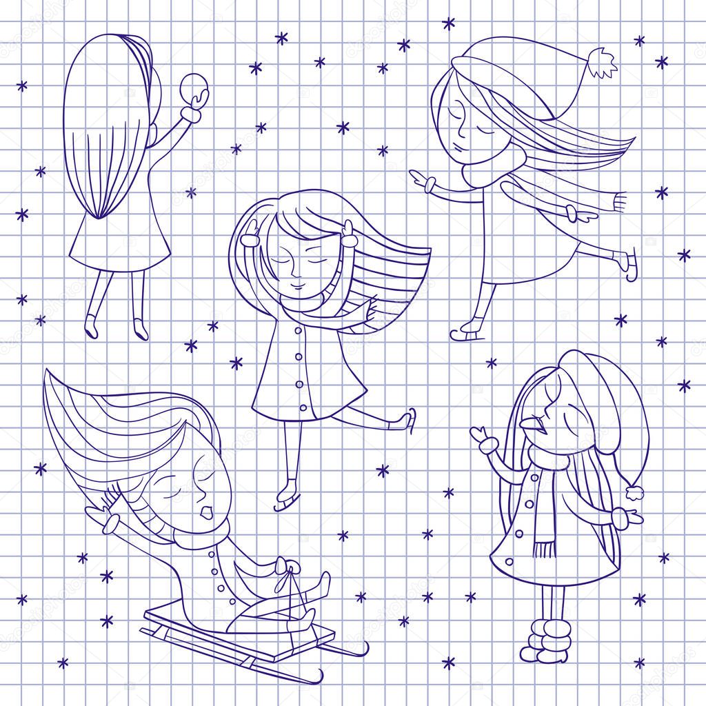 Girls and snowflakes on notebook sheet