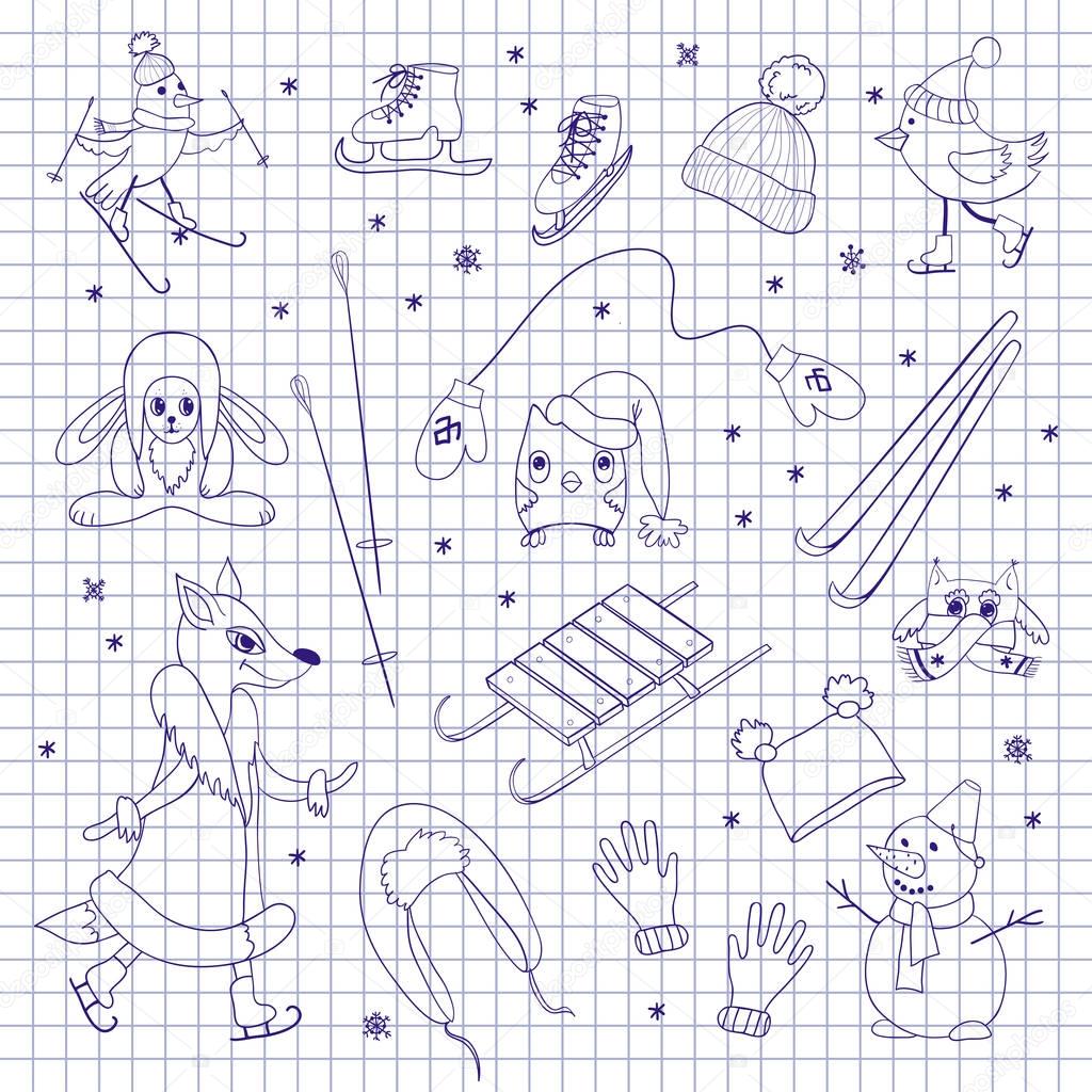 Characters and objects on notebook sheet