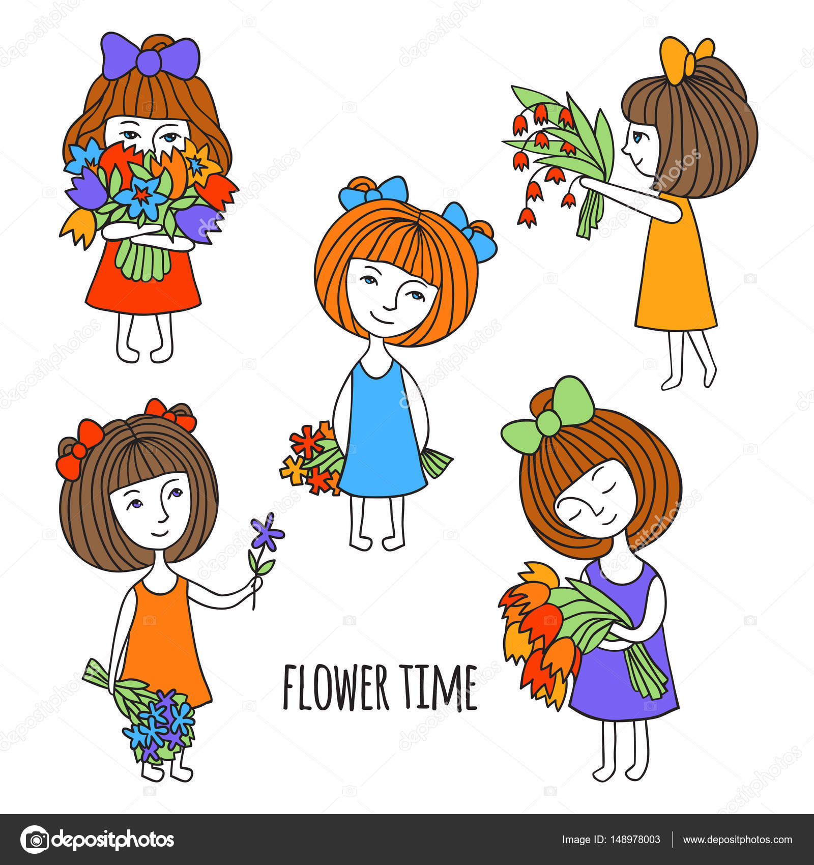 Ragazze carine con mazzi di fiori Caratteri con archi e abiti colorati Nelle mani dei fiori primaverili ed estivi Illustrazione disegnata a mano