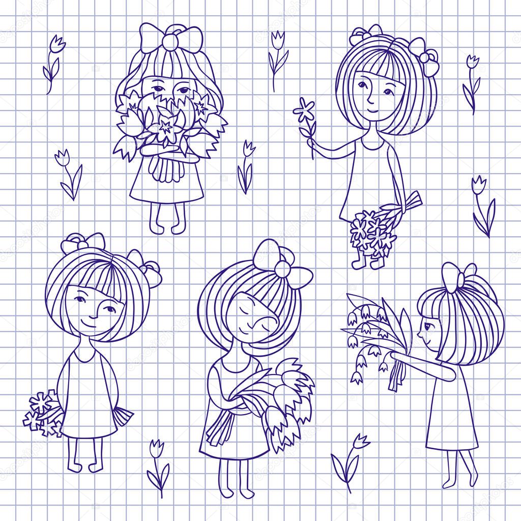 Vector sketch of girl and flowers.