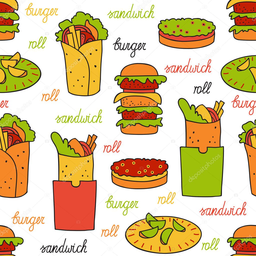 Seamless pattern with hamburger and rolls