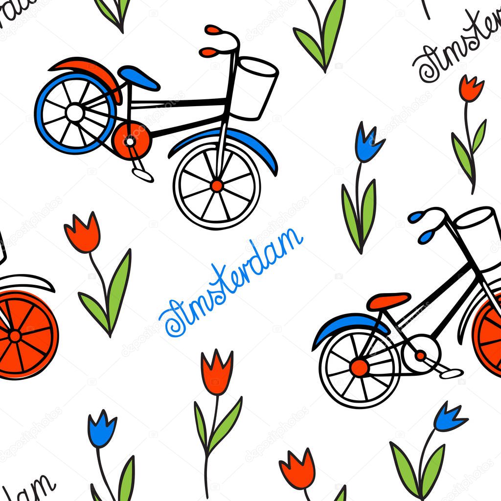 Seamless pattern with tulips and bicycles