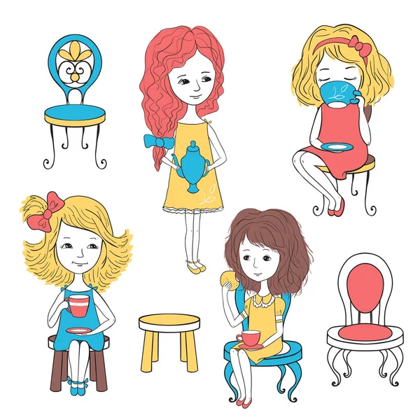 Girls with tea and chairs — Stock Vector
