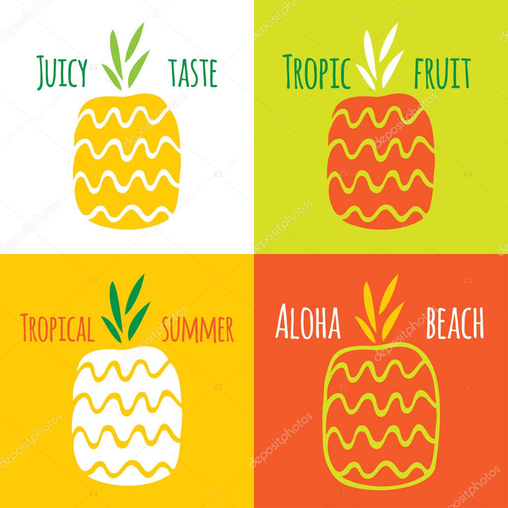 Vector set of pineapples and two seamless patterns