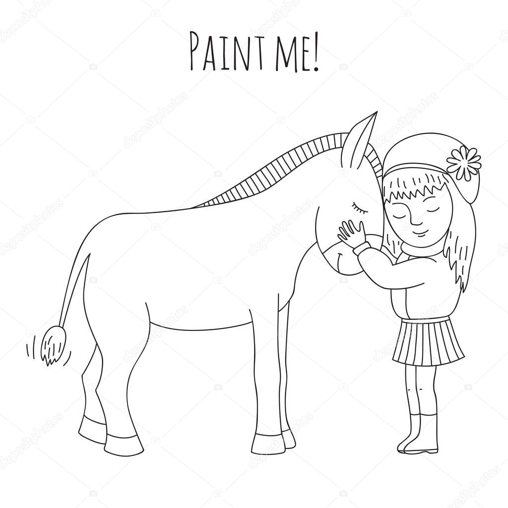 Coloring girl and donkey