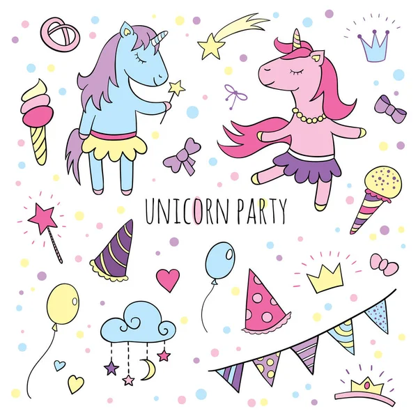 Divertido conjunto de unicornios, colección de Feliz Cumpleaños . Ilustraciones de stock libres de derechos