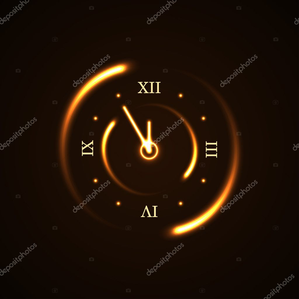 Gold christmas magic clock background. Golden shiny design with sparkles and glitter. Decoration for card, greeting. Symbol of Happy New Year 2017 holiday, countdown. Vector illustration
