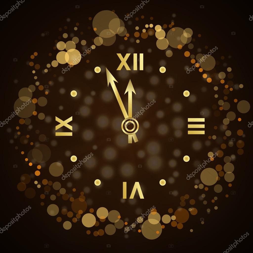 Gold christmas magic clock background. Golden shiny design with sparkles and glitter. Decoration for card, greeting. Symbol of Happy New Year 2017 holiday, countdown. Vector illustration