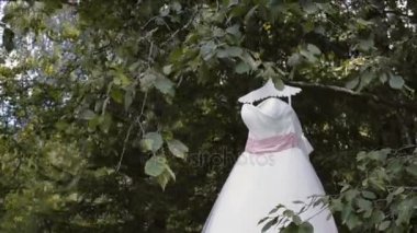 Beyaz dantel düğün elbise asmak ağaç dalı