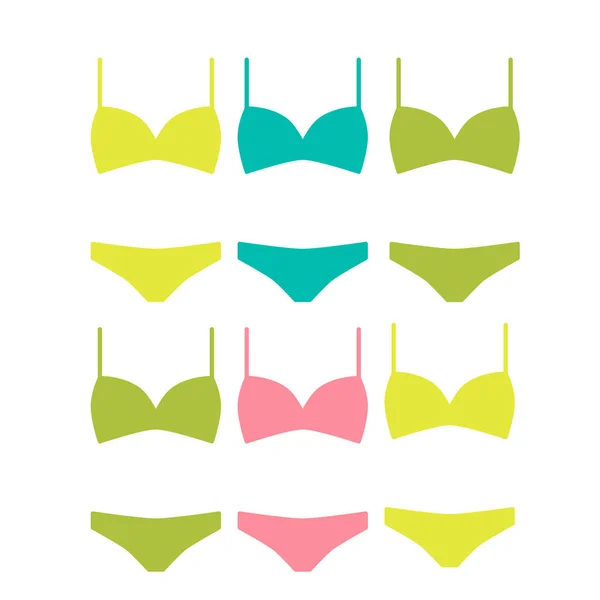 Vrouwelijke bikini collectie. Lady's lingerie - vectorillustratie. Vrouwelijke ondermode. Vector iconen op witte achtergrond. — Stockvector