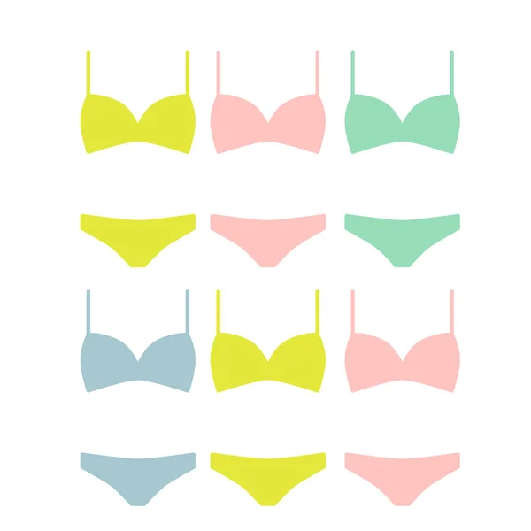 Mujer colección de bikini colorido. Ropa interior de señora - ilustración vectorial. Ropa interior femenina. Iconos vectoriales sobre fondo blanco . — Archivo Imágenes Vectoriales