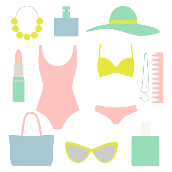 Yaz kıyafetler koleksiyonu - moda tasarım öğeleri beyaz arka plan üzerinde. Bikini, Mayo, şapka, güneş gözlüğü. Düz stil moda elemanları. Vektör çizim nesneleri. — Stok Vektör